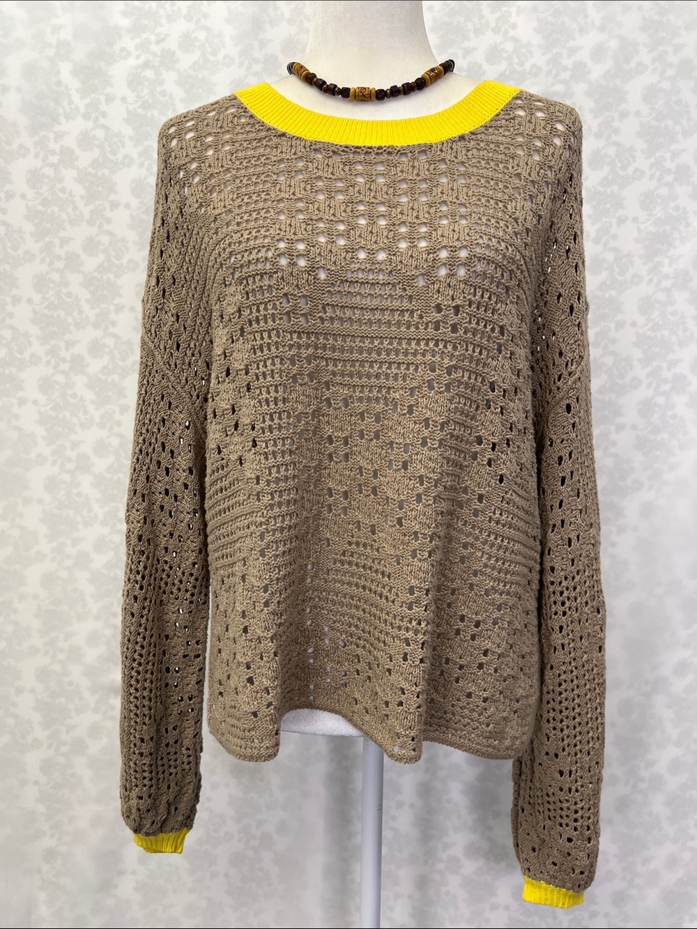 Free People Tan Brown Open-Knit Sweater with Yellow Trim